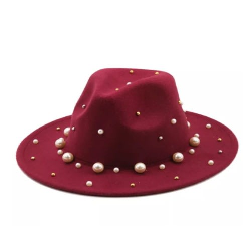 Wide Brim Fedora Hat Decorated With Pearls - Red