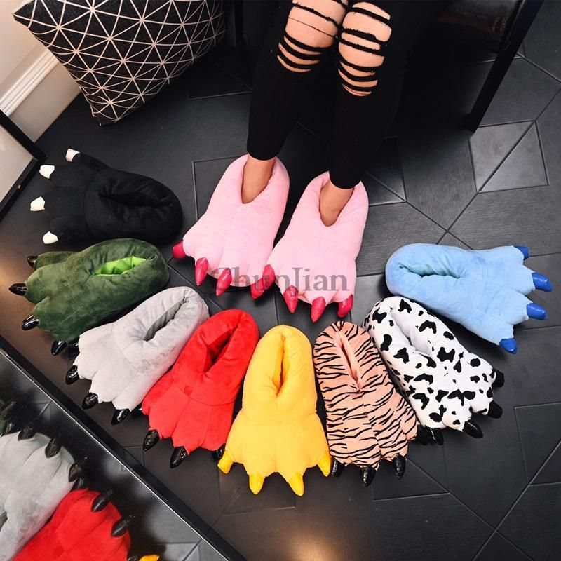 Winter Warm Soft Indoor Floor Slippers Women Men Children Shoes Paw Funny Animal Christmas Monster Dinosaur Claw Plush Home