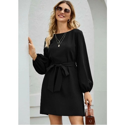 Boat Neck Bishop Sleeve Belted Dress - Black