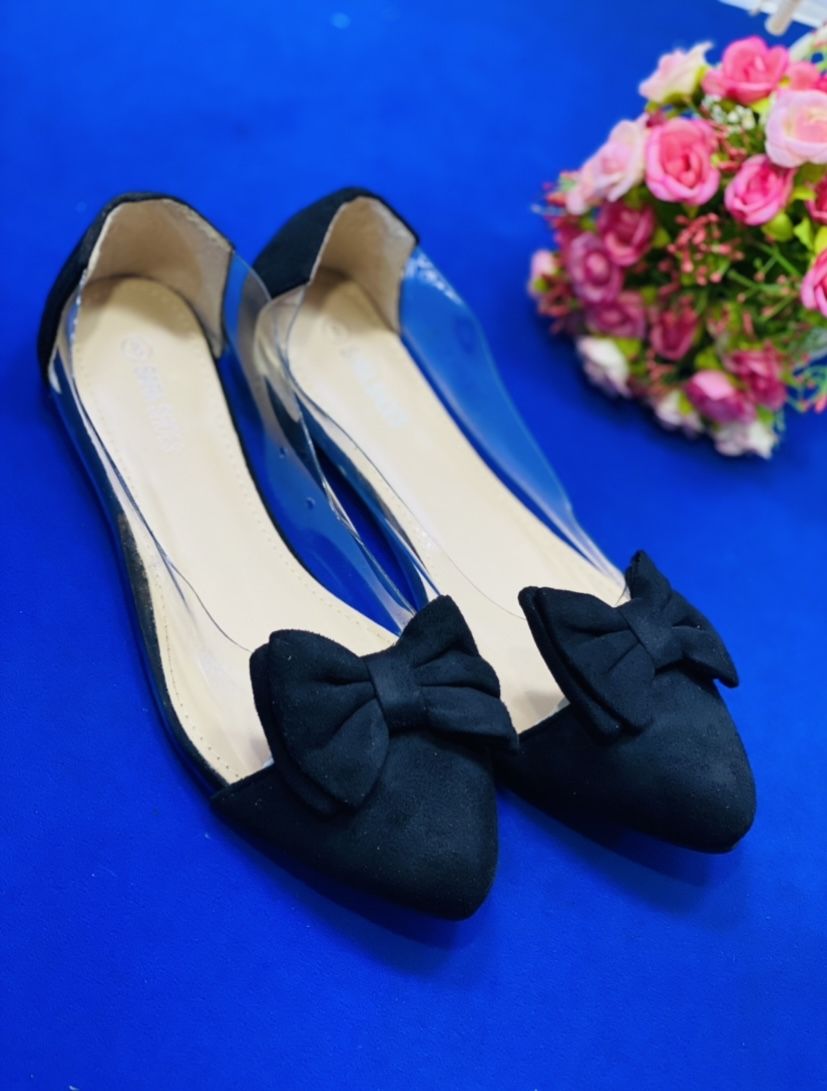 Casual Transparent Bow Detail Ladies Flat Shoe - Black
