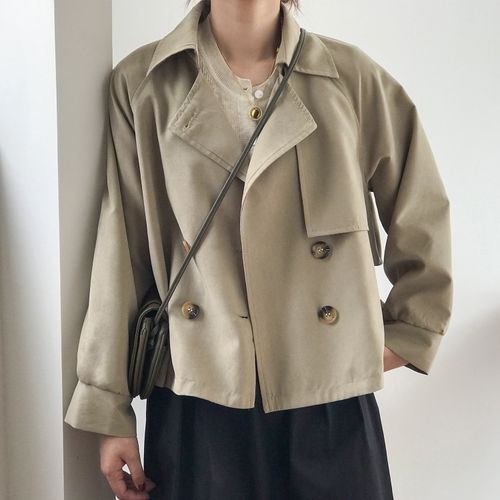 Ladies Retro Short Loose Windbreaker Jacket - Khaki