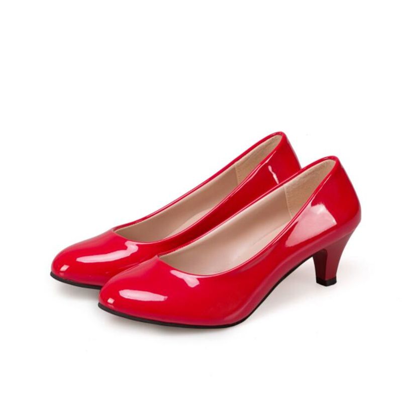 (Red)Womens Pu Leather Mid Heels New Shoes Classic Black & White Pumps For Office Ladies White JIN