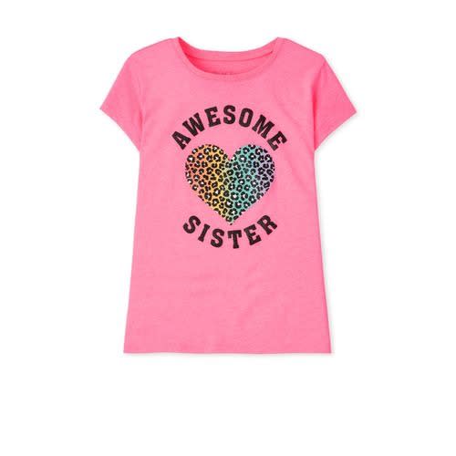 Girls Glitters Awesome Sister + Leopard Heart Graphic Top - Neon Pink.