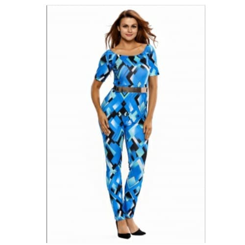 Emfed- Bluish Geometric Print Belted Off Shoulder Jumpsuit