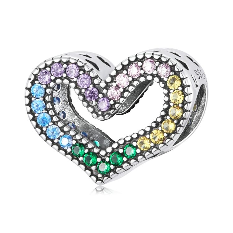 S925 Sterling Silver Rainbow Heart Beads