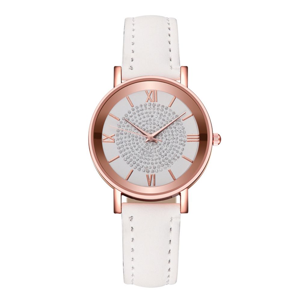 Women Fashion Rhinestones Inlaid Round-Rose Gold White Band
