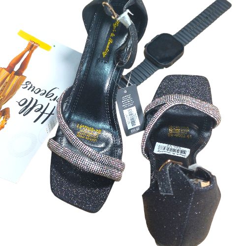 Ladies Glitter Ankle Heels Sandals -Black/Silver