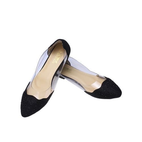 Fancy Stone Transparent Ladies Flat Shoe - Black
