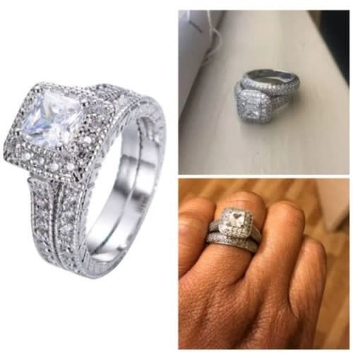 2 Pieces Cubic Zirconia Big Stone Engagement & Wedding Ring