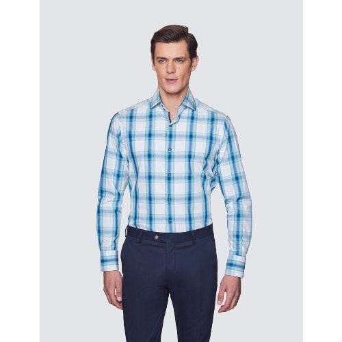 Check Relaxed Slim Fit Shirt - High Collar - Large  - White & Green