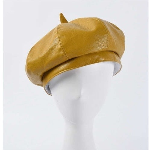 Pu Leather Beret Hat For Women - Mustard Yellow