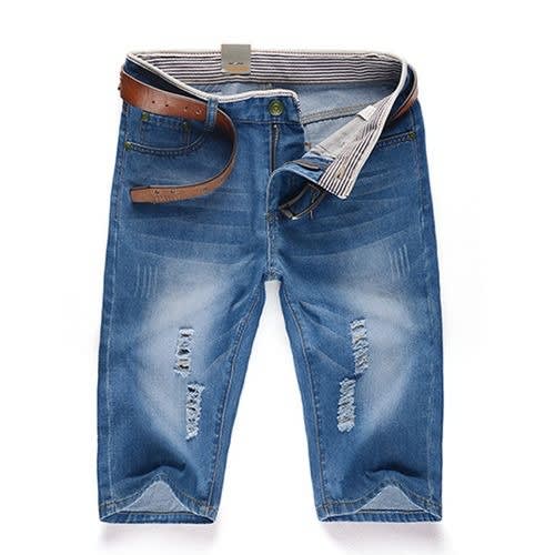Men's Cropped Ripped Denim Shorts- Blue