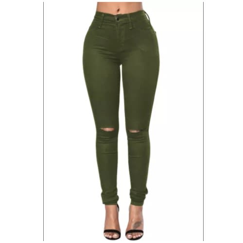 Ladies Slit Knee Denim Pants - Olive Green