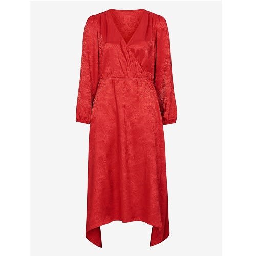 Dipped Hem Mock Wrap Jacquard Satin Dress - Red Nadia