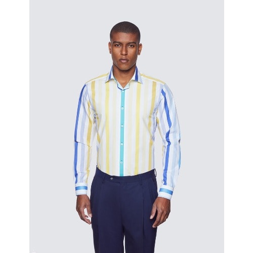 Curtis White & Yellow Wide Stripe Slim Fit Shirt - Low Collar