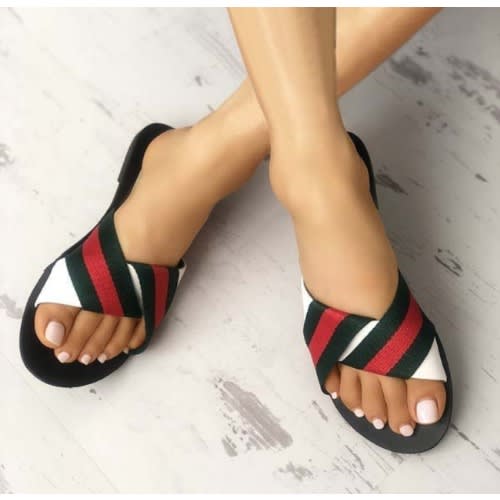 Striped Ladies Flat Slippers - Multicolour