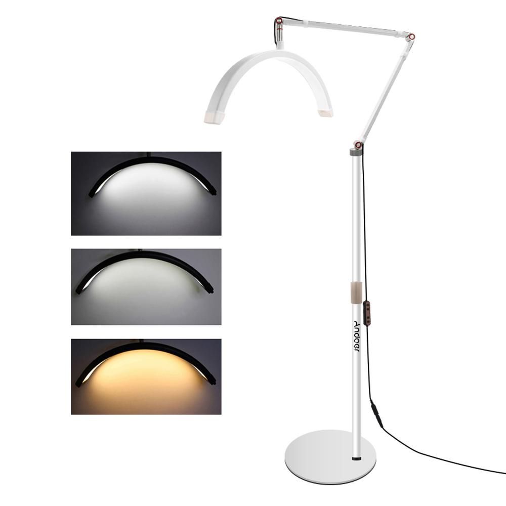 Andoer HD-M2X 20W Floor LED Video Light Half-moon Shaped Fill Light 3000K-6000K Dimmable with Adjustable Metal Light Stand Phone Holder for Beauty Salon Makeup Live Streaming Bedside Light