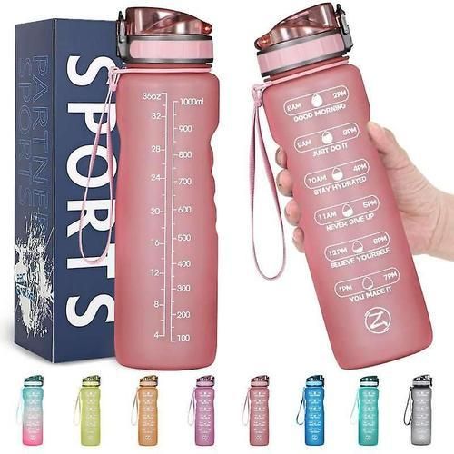 (Rose Pink)Motivational water bottle with time marker,leakproof  sports water bottle bpa free,fruit water bottle sports 1 liter