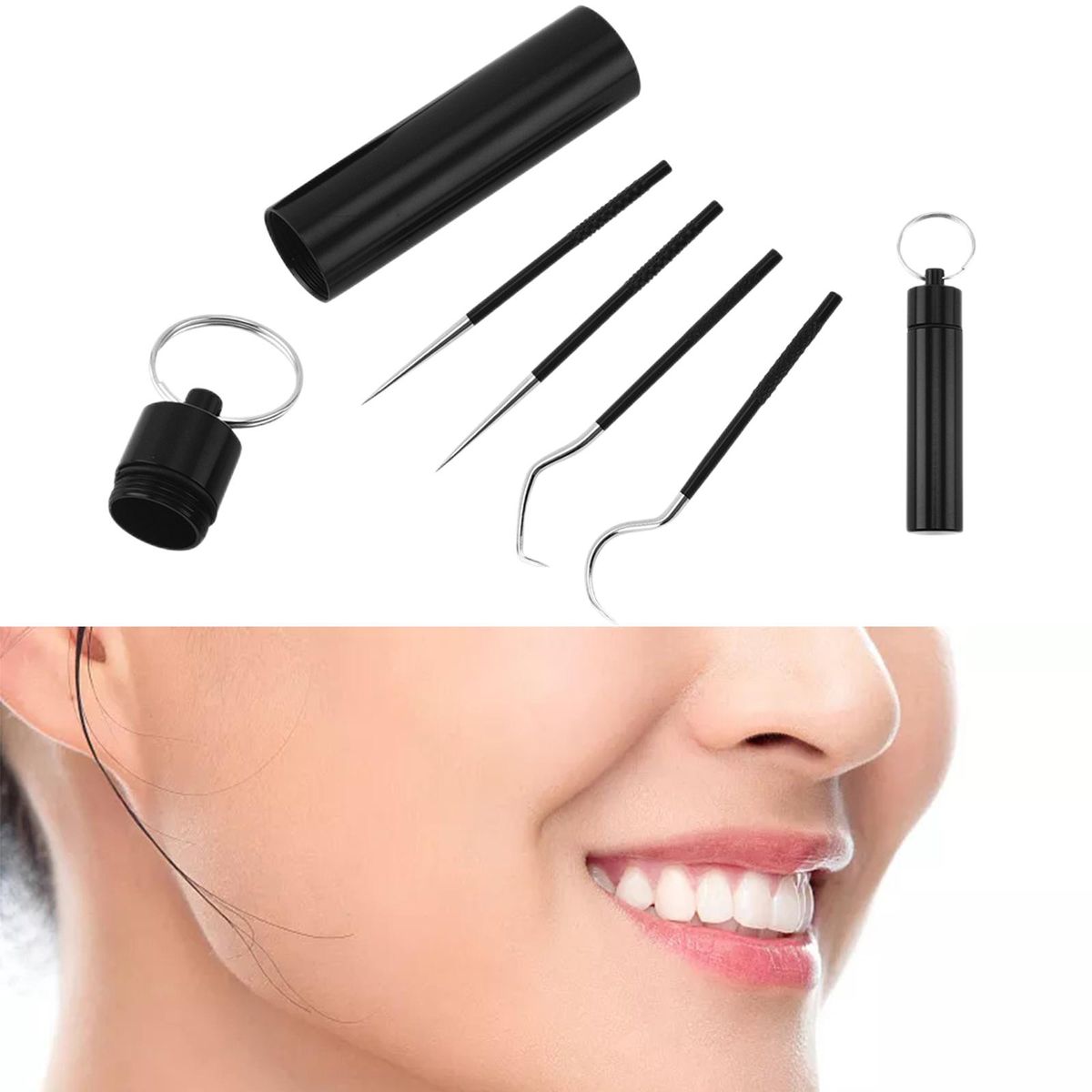 5x Stainless Steel Toothpick  Cleaner Tools With Holder For Black
