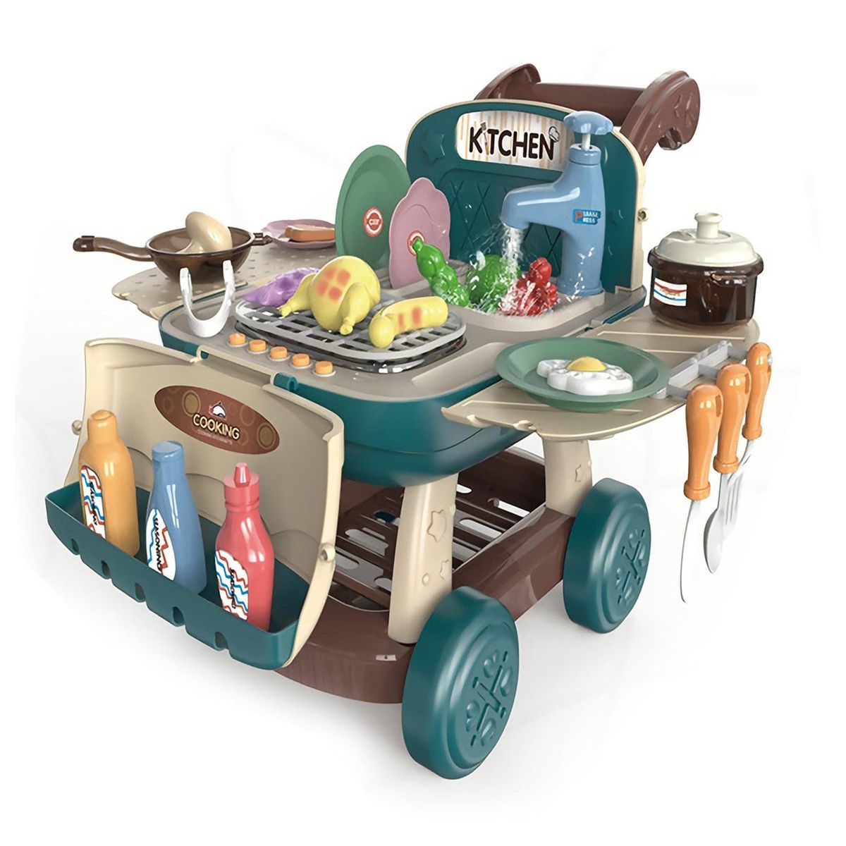 Kitchen Shopping Cart Toys Pretend Play Food Wash Sink Cooking Cookwares with Light and Sound Color Changing Funny Role Play Toy Christmas Birthday Gift for Kids Toddlers