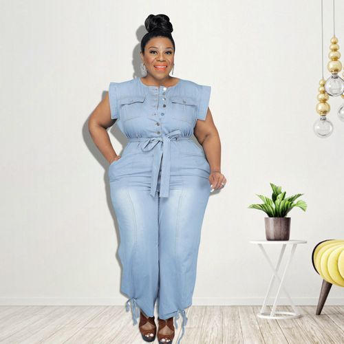 5XL Light Blue Denim Jeans Jumpsuits Sleeveless Bodycon Skinny Denim Rompers