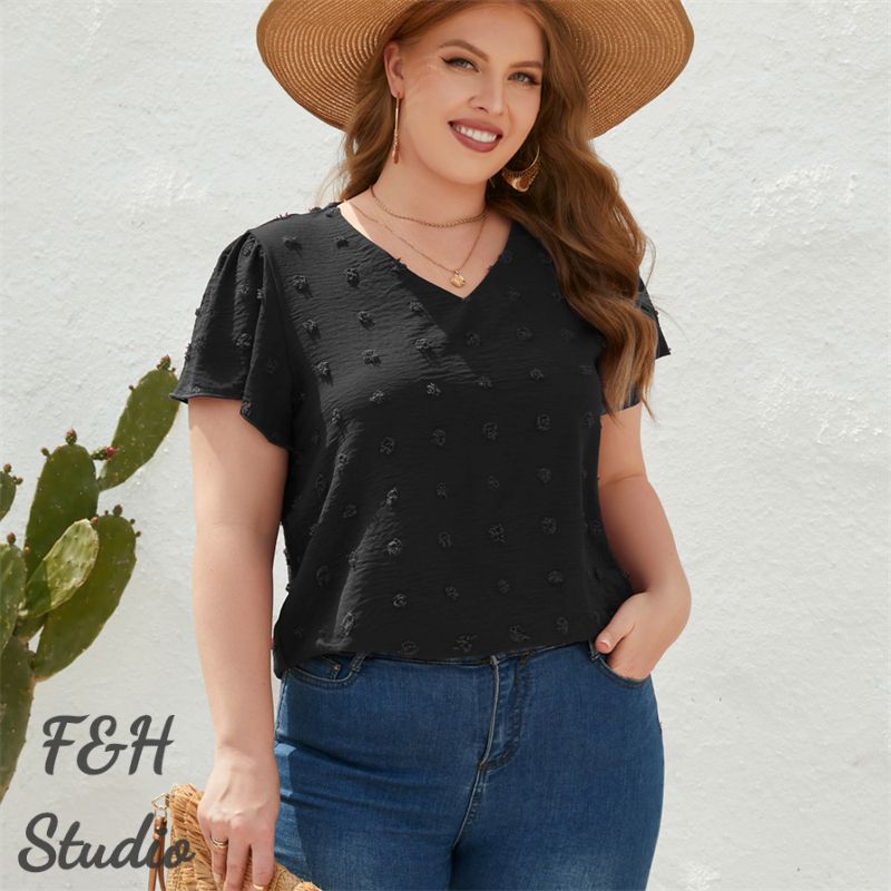 F&H 3322 XL-4XL V Neck Short Sleeves Lovely Furry Ball Decoration Black