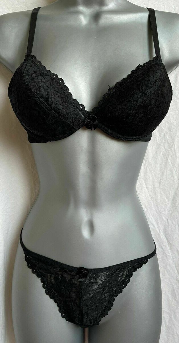 Black Underwired Lightly Padded Lace Bra & Thong Set