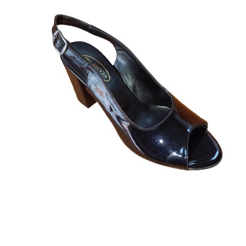 Ladies Open Toe Block Patent Sandal -Black