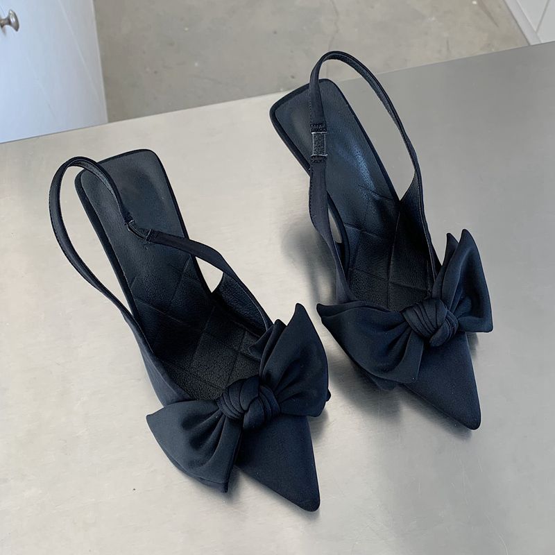(Black)2023 Summer Brand Women Sandals Shoes Fashion Bow-Knot Pointed Toe Slip On Ladies Elega JIN