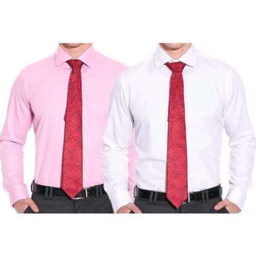 Set Of 2 Men's Formal Dress Shirts With A Matching Tie  - Pink And White/ Red