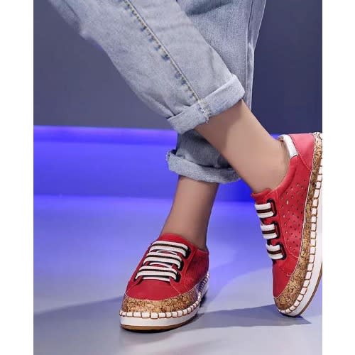 Women's Leather Slip On Loafers-  Red