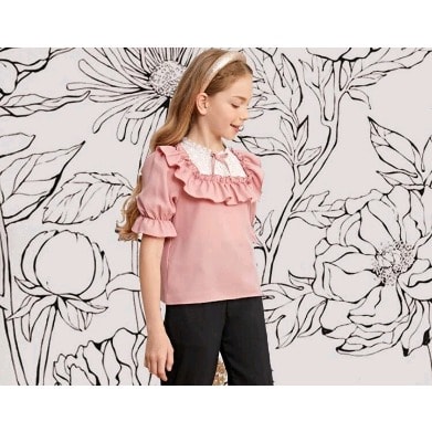 Girls Puff Sleeve Eyelet Embroidered Top- Blush Pink