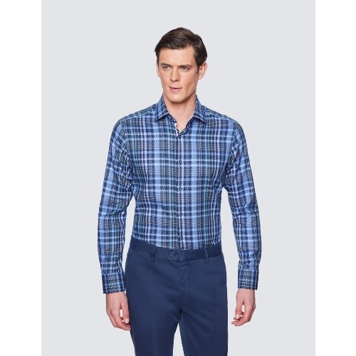 Check Relaxed Slim Fit Shirt - Low Collar - Navy & Green