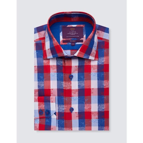 Men's Dobby Check Relaxed Slim Fit Shirt - Low Collar - Red & Blue