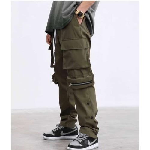 Unisex Cargo Combat Jogger Zip - Button Legs - Army Green