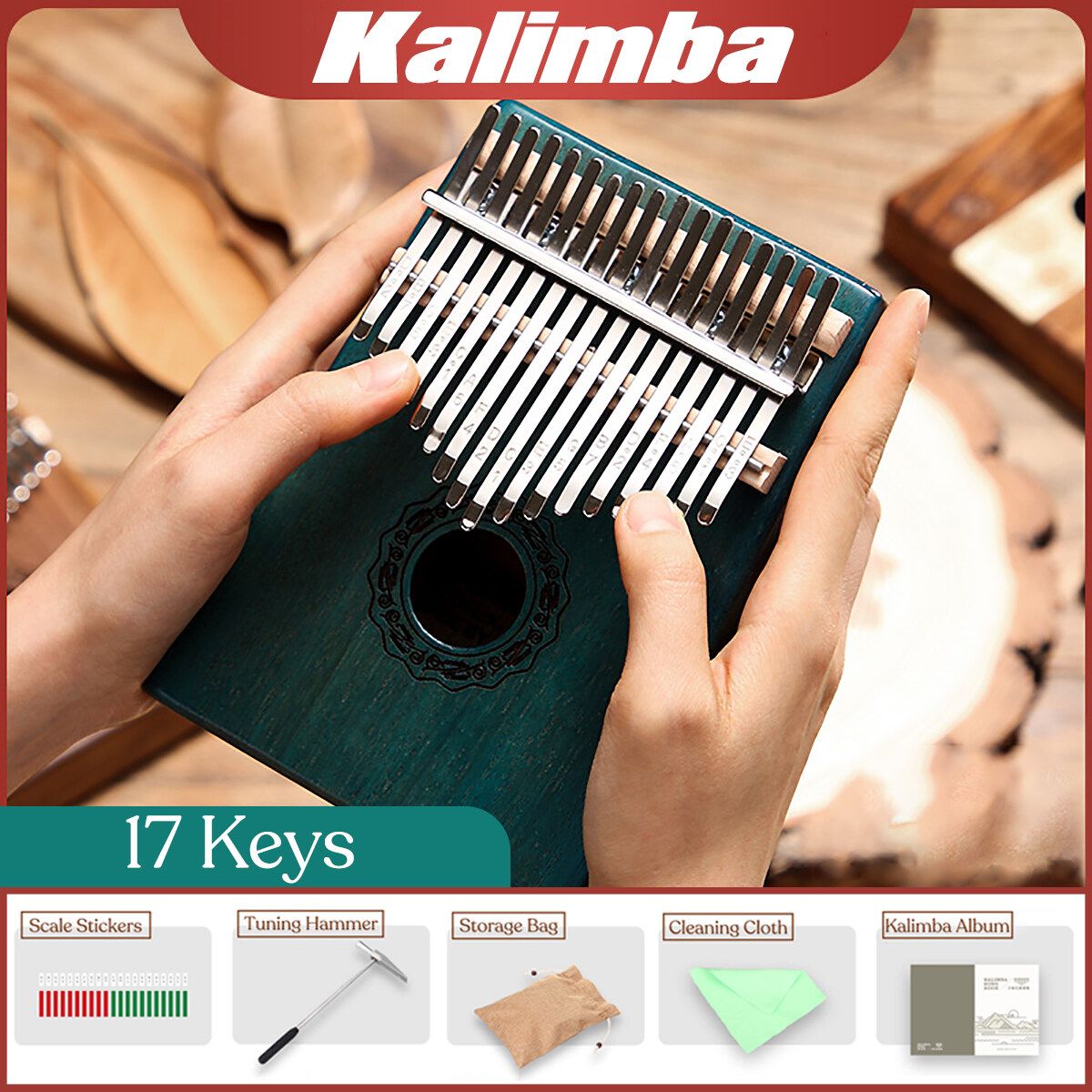 17 Keys Thumb Finger Piano Beginner Practical Wood Muscial Instrument Christmas Gift Blue