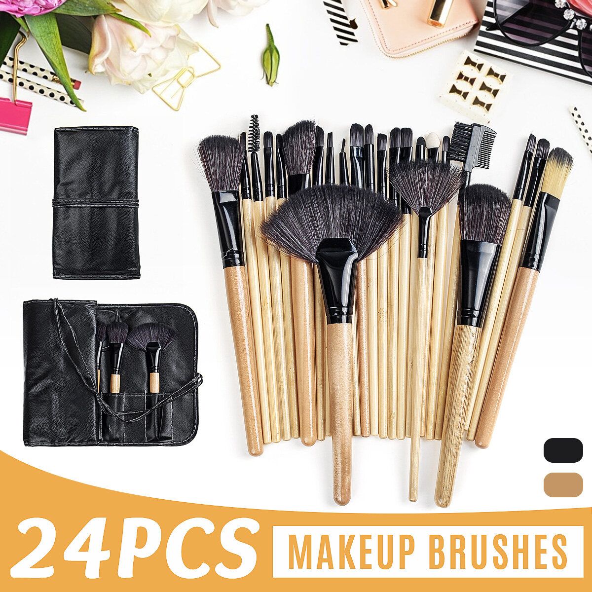 24Pcs Fashion Makeup Brush Set Multifunction Toiletry Brushes Eyeshadow Eyeliner Lip Foundation Cosmetic Make Up Brushes With Storage Bag Wood Color