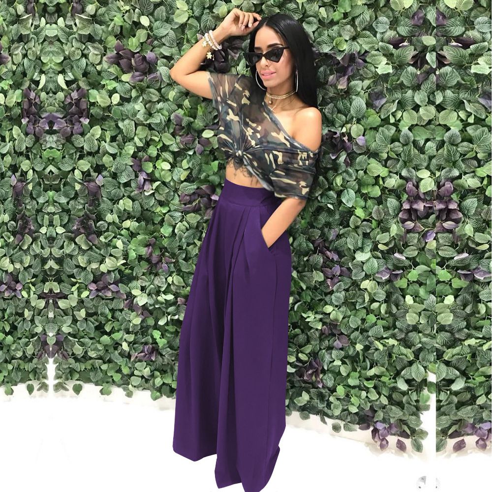(purple)Plus Size Pants Ankle-Length Pants  Office Lady Elastic Waist Wide Leg Pants Women Plus Size Clothing Flat Wholesale Dropshpping SAB