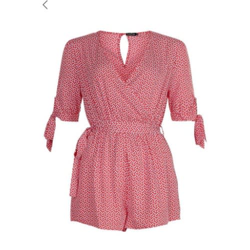 Printed Wrap Tie Detail Belted Playsuit - Coral