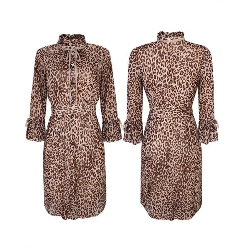 Animal Print Tieneck Dress - Brown