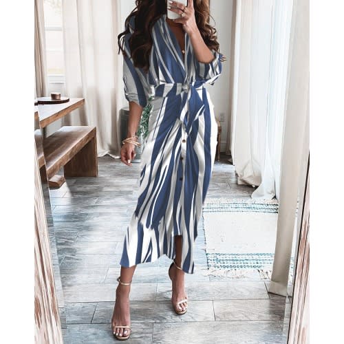 Long Sleeve bottom Down Dress - Blue Multicolor