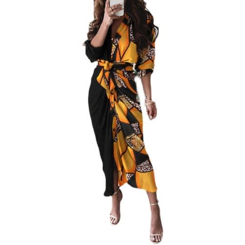 Long-sleeved V-neck Button Printed Dress