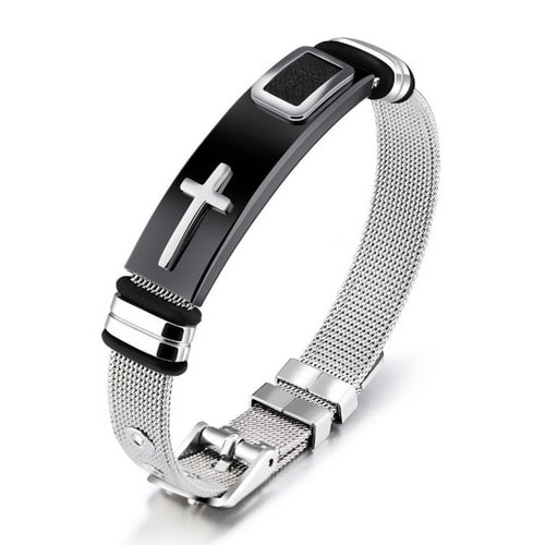 Mesh Christian Cross Bracelet - Silver And Black