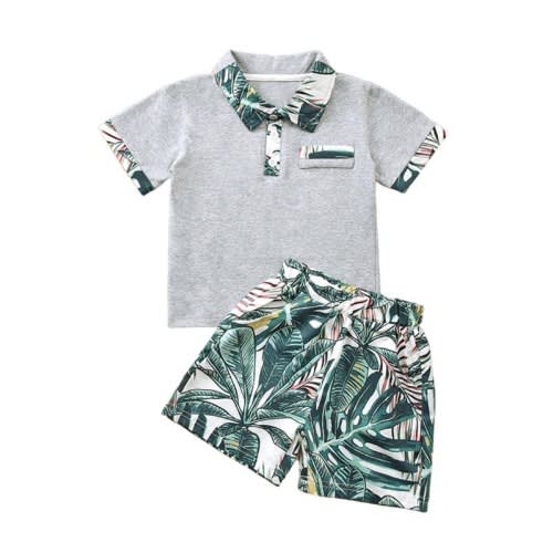 Two Pieces Kid Boy Tropical Style Polo Shirt With Shorts Set
