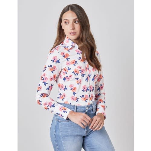 Women's White & Pink Candy Flowers Fitted Shirt - Single Cuff