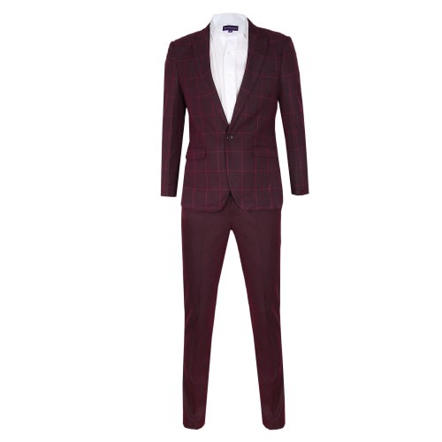 Men's Checked Detailed 2-Piece Pin Lapel Suit With Semi Fitted Plain Trouser - Wine - MS-4739
