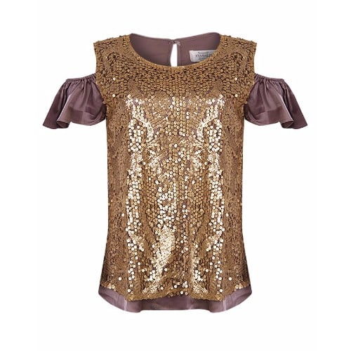 Sequin Cold Shoulder Top-Gold