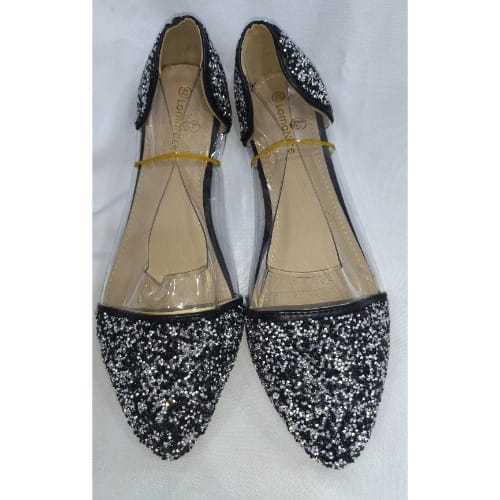 Ladies Bellies Diamante Flat Transparent Pointed Black Shoe