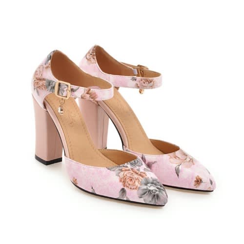 Ankle Block Heel Sandals - Floral - Pink