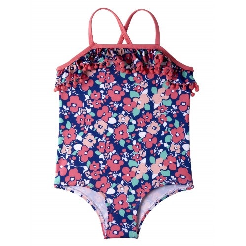 Superior Quality Floral Print Pom-pom Trim Swimsuit (upf 50+ Protection)- 1piece